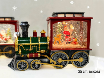 Фонарь Новогодний арт. 9181-7-1-601 "Паровоз. Дед Мороз и олень" свет, музыка, USB в кор.