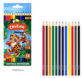 км_Набор цветных карандашей арт. КЦ12КР Creativiki 12 цв. шестигран. корп. дерев. карт.уп.