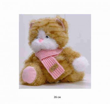 им Кот арт. YE25219-2-2 Пушистый полосатый рыжий в шарфе муз. 26 см в пак.)