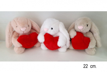 им Зайка арт. 3845/22 С длинными ушами и большим сердцем 3 цвета 22 см в пак.