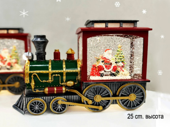 Фонарь Новогодний арт. 9181-7-2-601 "Паровоз. Дед Мороз и собака" свет, музыка, USB в кор.