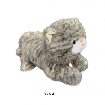 им Кошка арт. 19660-4-209 Светло-серая полосатая с медальоном лежит 35 см в пак.