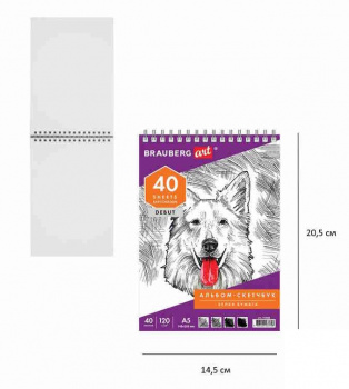 кс_Скетчбук арт. 110988 Белая бумага120 г/м2, 145х205мм 40 л.гребень жёстк.подлож.BRAUBERG ART DEBUT кс_Скетчбук арт. 110988 Белая бумага120 г/м2, 145х205мм 40 л.гребень жёстк.подлож.BRAUBERG ART DEBUT
