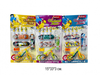 Скейтик арт. 033-9 Пальчиковый набор 2 скейтика + велосипед + ролики на листе• 