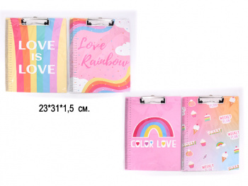 кц_Планшет-доска арт. WB-1287 Пластик С зажимом 30*22 см "Радуга" на розовом